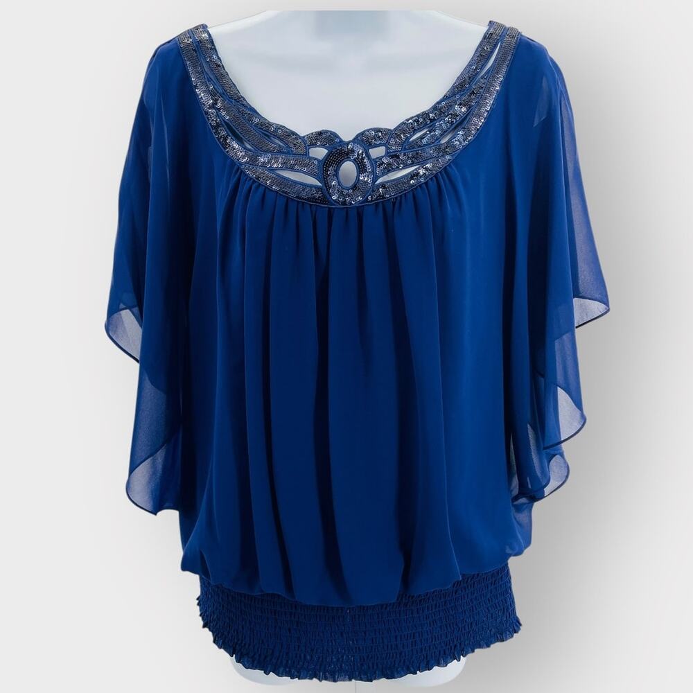 JR Nites by Carol Lin Blue Chiffon Sequin Neck Short Dolman Sleeve Dressy Top 14 - Picture 2 of 9